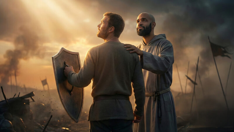 A man lowers his shield and gazes into a bright light, symbolizing humility, peace, mercy, and vulnerability.