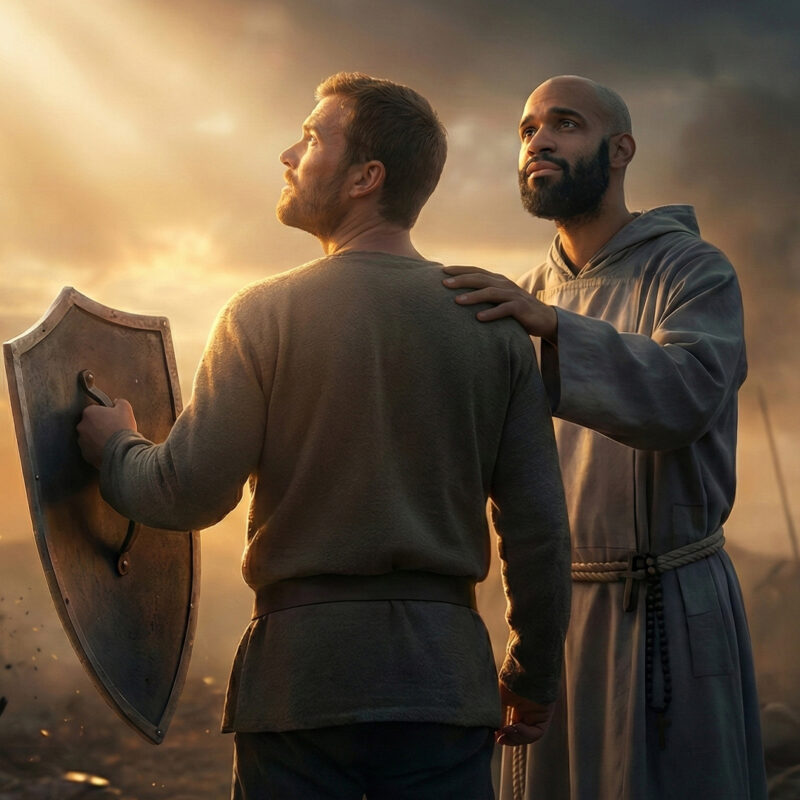 A man lowers his shield and gazes into a bright light, symbolizing humility, peace, mercy, and vulnerability.