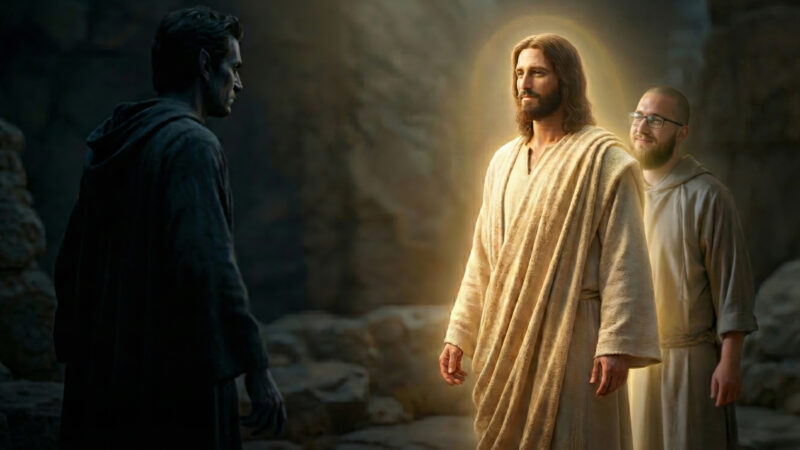 Jesus stands calmly in warm golden light, unarmed and steady, while Satan faces Him from the shadows, illustrating a quiet spiritual confrontation centered on meekness, identity, and trust rather than force