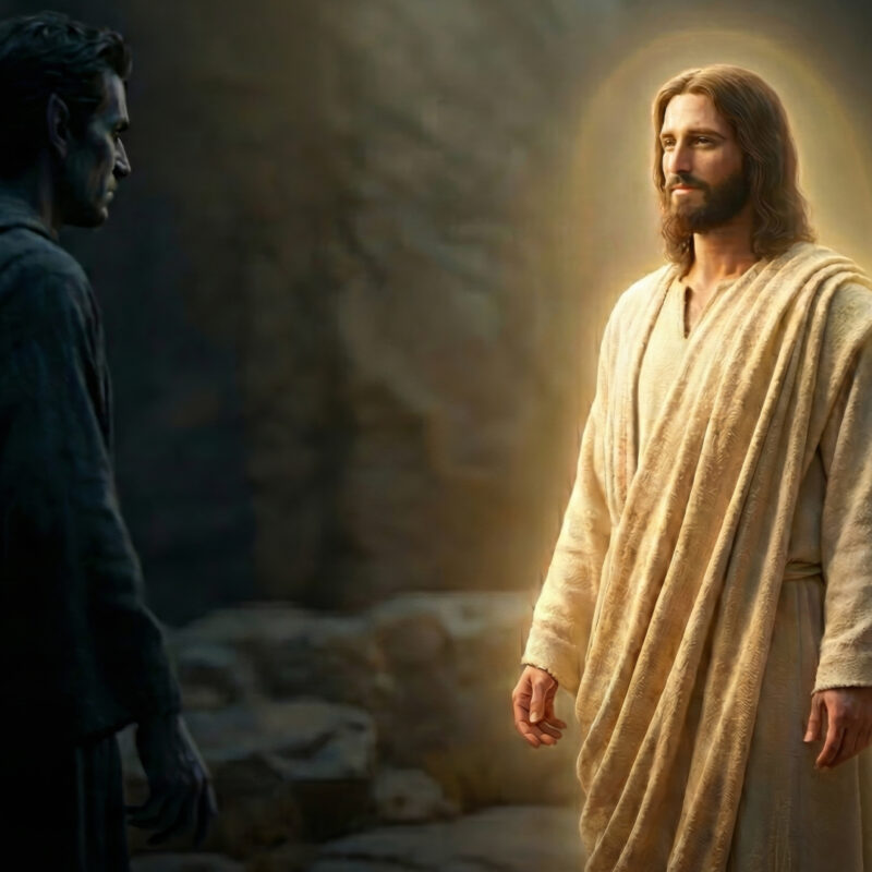 Jesus stands calmly in warm golden light, unarmed and steady, while Satan faces Him from the shadows, illustrating a quiet spiritual confrontation centered on meekness, identity, and trust rather than force