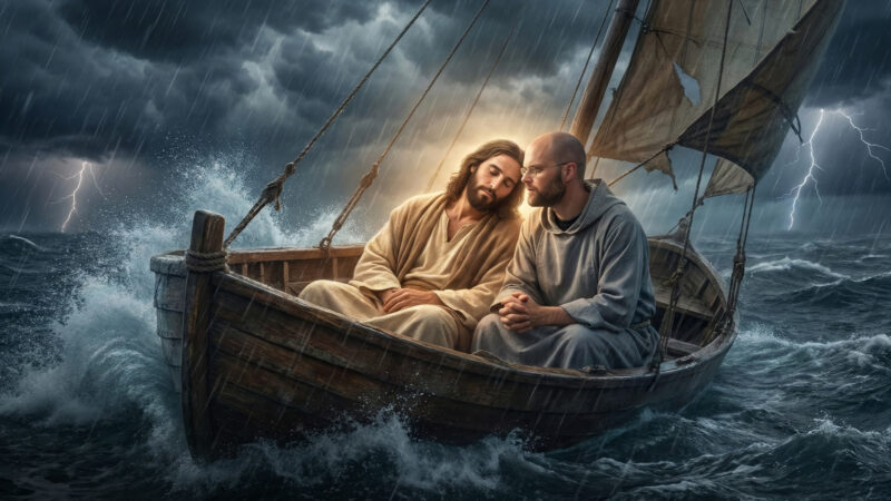 Fr. Angelus riding a boat with a very calm Jesus through a violent storm