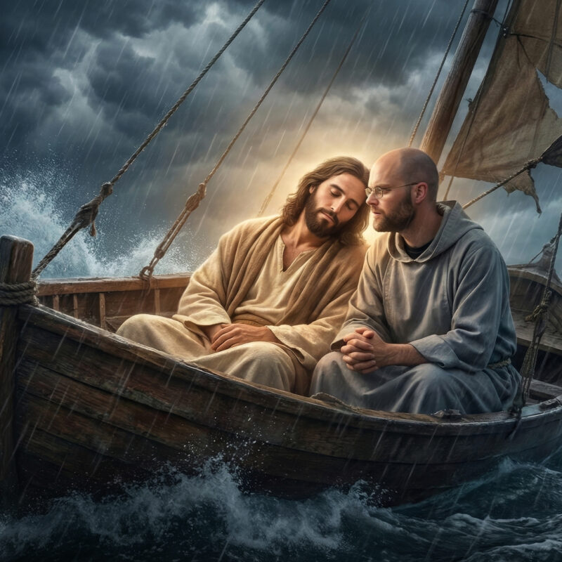 Fr. Angelus riding a boat with a very calm Jesus through a violent storm