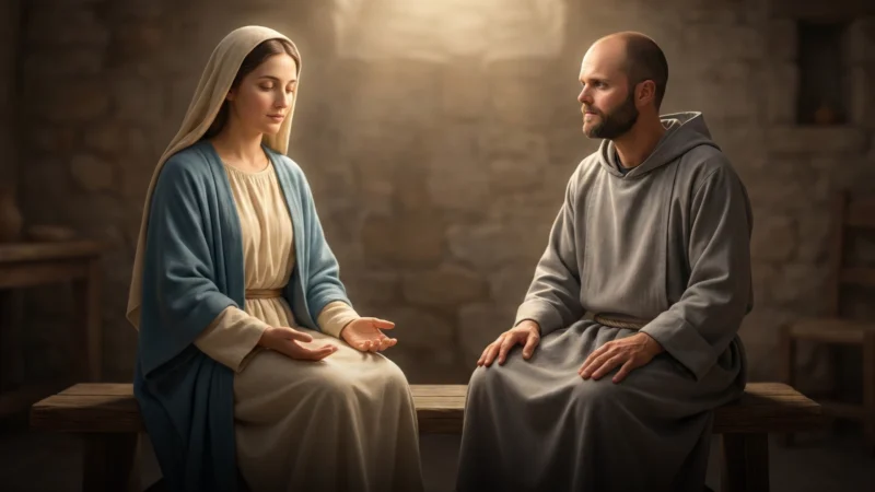 Mary sits in peaceful stillness with hands open in trust as soft light rests upon her, while Fr. Innocent sits beside her in quiet humility, gazing toward her and imitating her calm posture in a reverent scene of stillness and openness to God.