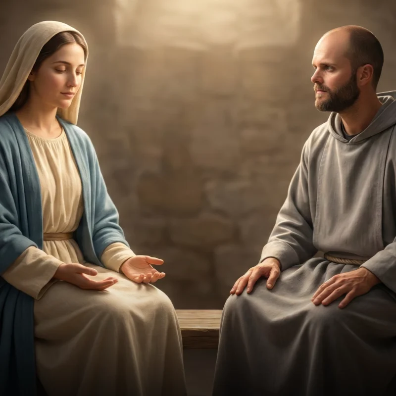 Mary sits in peaceful stillness with hands open in trust as soft light rests upon her, while Fr. Innocent sits beside her in quiet humility, gazing toward her and imitating her calm posture in a reverent scene of stillness and openness to God.