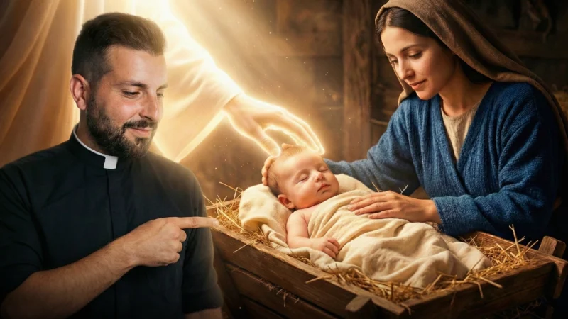 Fr. Tim in a re-imagined image of the nativity scene showing both origins of who Jesus is