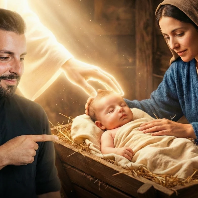 Fr. Tim in a re-imagined image of the nativity scene showing both origins of who Jesus is