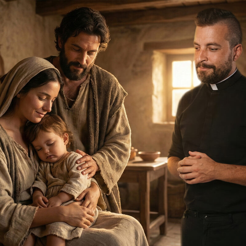 Father Tim looking at the Holy Family, Jesus, Mary and Joseph depicting the best institution that will forever exist, which is family