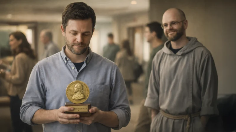 Hyperrealistic cinematic scene in a community hall where a man looks down holding a Pulitzer Prize trophy with a quiet, vulnerable expression while a Franciscan friar in a gray hooded habit watches empathetically in the background as people mill around out of focus.