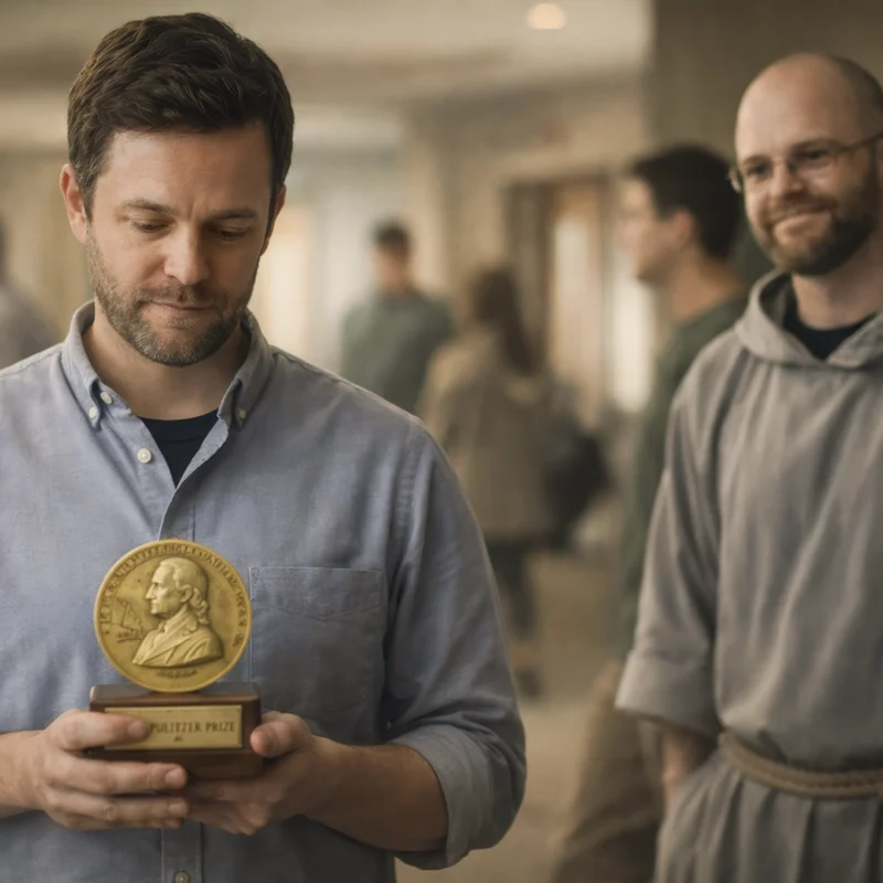 Hyperrealistic cinematic scene in a community hall where a man looks down holding a Pulitzer Prize trophy with a quiet, vulnerable expression while a Franciscan friar in a gray hooded habit watches empathetically in the background as people mill around out of focus.