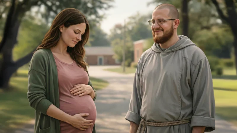 Pro-life themed cinematic scene on parish grounds showing a Franciscan friar in a gray habit looking gently toward a peaceful pregnant woman cradling her belly on a quiet sidewalk in warm natural light.