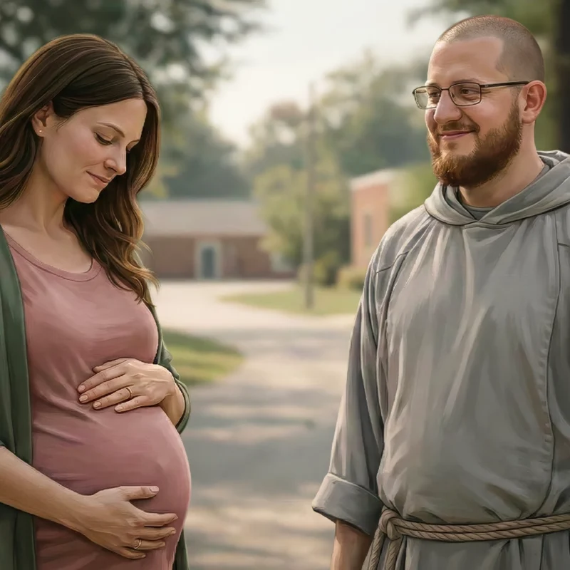 Pro-life themed cinematic scene on parish grounds showing a Franciscan friar in a gray habit looking gently toward a peaceful pregnant woman cradling her belly on a quiet sidewalk in warm natural light.