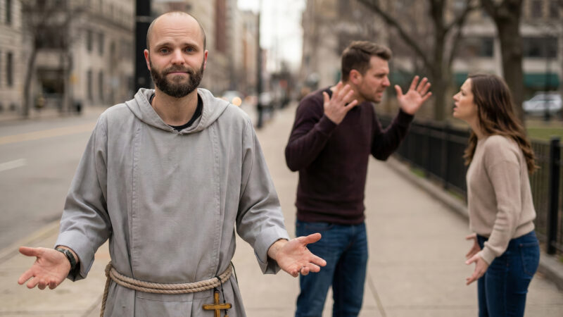 Fr. Innocent stands on a sidewalk with an honest, open-handed gesture while a couple argues in the blurry background, illustrating the relatable tension of ordinary human stuff and the reality that faith doesn't always offer easy fixes for life's conflicts.