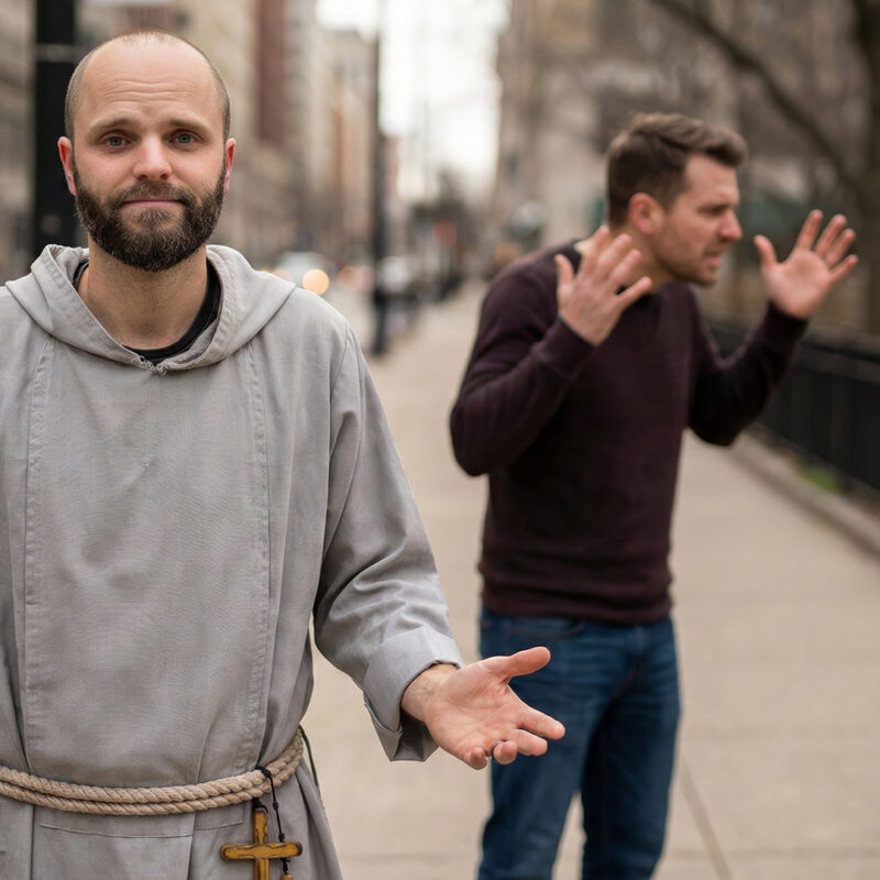 Fr. Innocent stands on a sidewalk with an honest, open-handed gesture while a couple argues in the blurry background, illustrating the relatable tension of ordinary human stuff and the reality that faith doesn't always offer easy fixes for life's conflicts.
