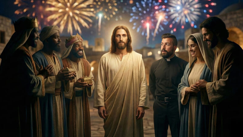 A cinematic hyperrealistic illustration of the epiphany of the lord, featuring Jesus Christ at the center surrounded by Mary, Joseph, the Magi, and Fr. Timothy Anastos, all gazing with reverence at the light of Christ in a moment of shared revelation.