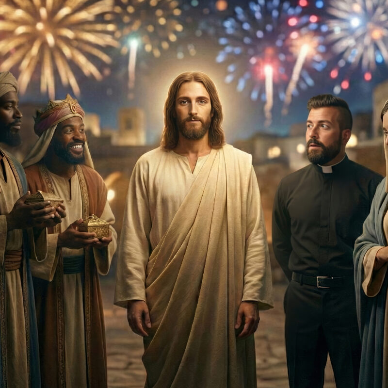 A cinematic hyperrealistic illustration of the epiphany of the lord, featuring Jesus Christ at the center surrounded by Mary, Joseph, the Magi, and Fr. Timothy Anastos, all gazing with reverence at the light of Christ in a moment of shared revelation.