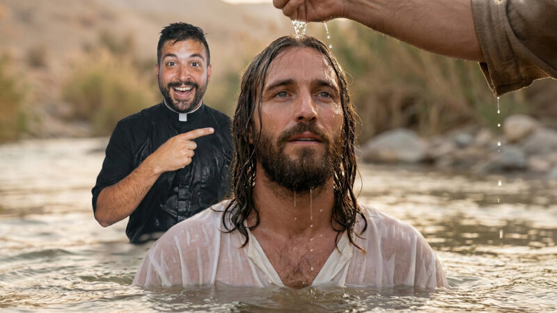 Cinematic hyperrealistic illustration of the baptism of the lord Jesus in the River Jordan, featuring a close-up of Jesus with water being poured over his head as Fr. Tim witnesses the event with a joyful expression and points toward him from the background.