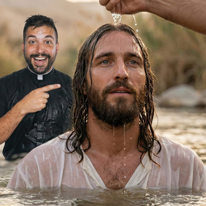 Cinematic hyperrealistic illustration of the baptism of the lord Jesus in the River Jordan, featuring a close-up of Jesus with water being poured over his head as Fr. Tim witnesses the event with a joyful expression and points toward him from the background.