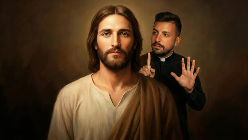 Cinematic portrait of Jesus Christ looking at the viewer with soft lighting. Behind him, Fr. Tim looks toward Jesus with a reverent expression, gesturing with five fingers on one hand and one on the other against a dark background