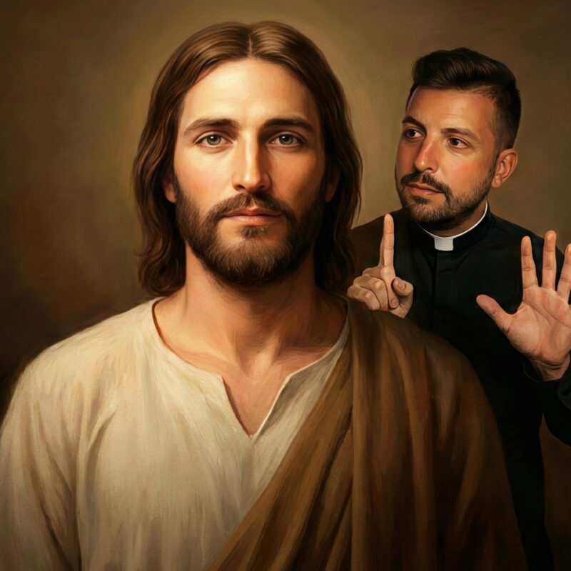 Cinematic portrait of Jesus Christ looking at the viewer with soft lighting. Behind him, Fr. Tim looks toward Jesus with a reverent expression, gesturing with five fingers on one hand and one on the other against a dark background