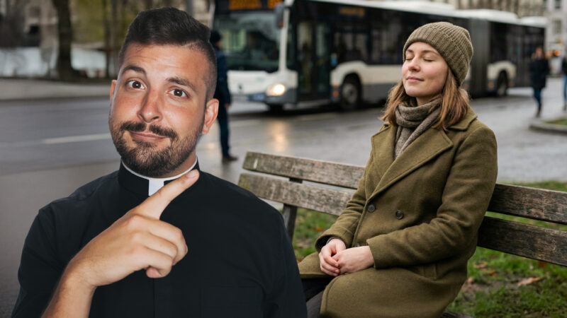 A cinematic photograph of Fr. Tim pointing to a young woman in a green coat sitting with closed eyes on a city park bench, embodying spiritual stillness and inner peace with Jesus amidst the blurred chaos of urban life, illustrating the Christian concept of a peacemaker.
