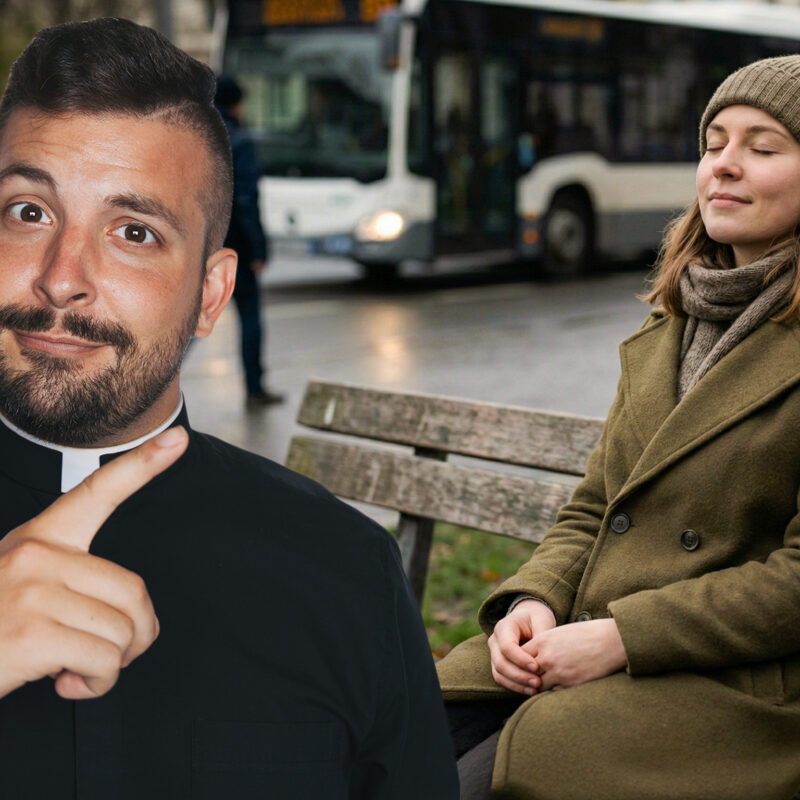 A cinematic photograph of Fr. Tim pointing to a young woman in a green coat sitting with closed eyes on a city park bench, embodying spiritual stillness and inner peace with Jesus amidst the blurred chaos of urban life, illustrating the Christian concept of a peacemaker.