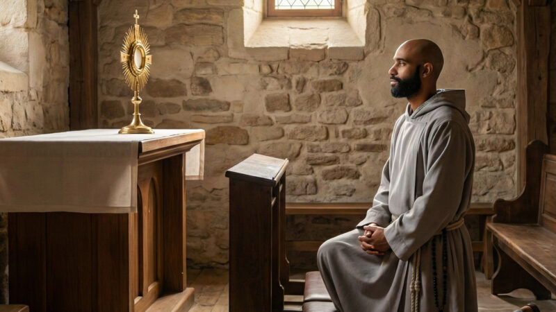 A Franciscan friar, Fr. PT, kneels in quiet prayer inside a rustic chapel with stone walls. He is adoring the Eucharist displayed in a gold monstrance on a wooden altar.