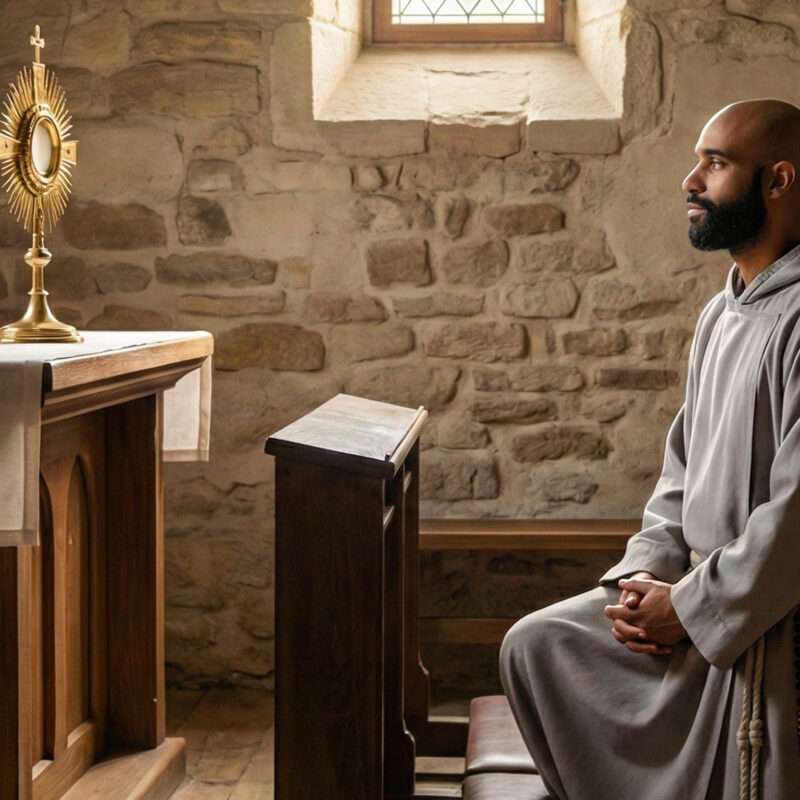 A Franciscan friar, Fr. PT, kneels in quiet prayer inside a rustic chapel with stone walls. He is adoring the Eucharist displayed in a gold monstrance on a wooden altar.
