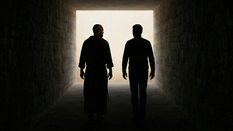 Silhouettes of a friar and a layman walking side-by-side through a dark tunnel toward a bright light at the end, symbolizing spiritual accompaniment and the journey toward hope in times of darkness.