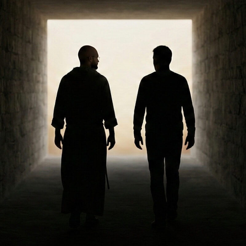 Silhouettes of a friar and a layman walking side-by-side through a dark tunnel toward a bright light at the end, symbolizing spiritual accompaniment and the journey toward hope in times of darkness.