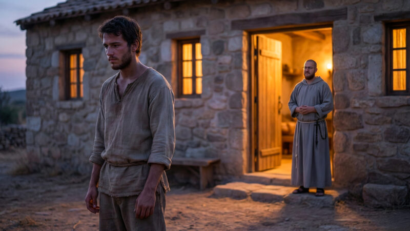 From Son to Orphan: A contemplative man in simple clothing stands outside a stone building at dusk, while a friar watches from the warmly lit doorway.