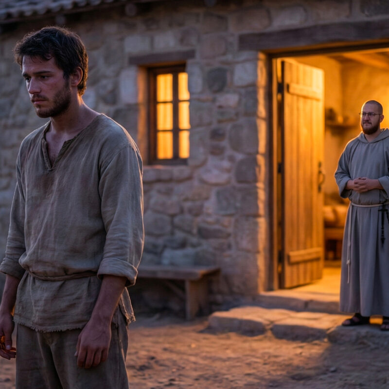 From Son to Orphan: A contemplative man in simple clothing stands outside a stone building at dusk, while a friar watches from the warmly lit doorway.