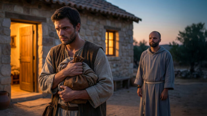 Cinematic illustration of the prodigal son departing his father's house at dusk, tightly clutching the wealth from his request to "give me my inheritance," while Fr. Innocent looks on.