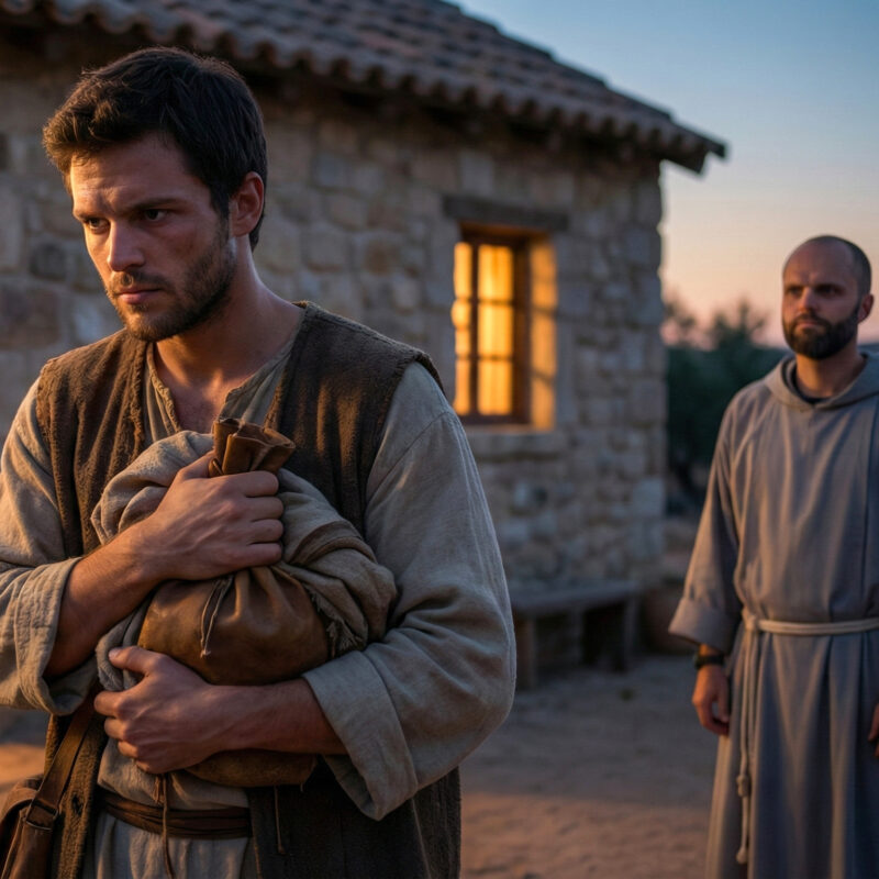 Cinematic illustration of the prodigal son departing his father's house at dusk, tightly clutching the wealth from his request to "give me my inheritance," while Fr. Innocent looks on.