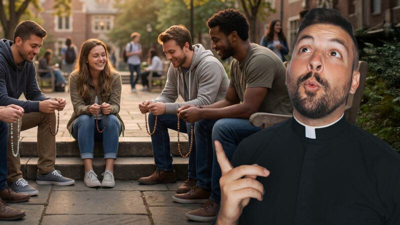 Joyful young adults sitting together on sunny campus steps holding rosaries, demonstrating living a faithful attractive life through shared prayer and warm community.