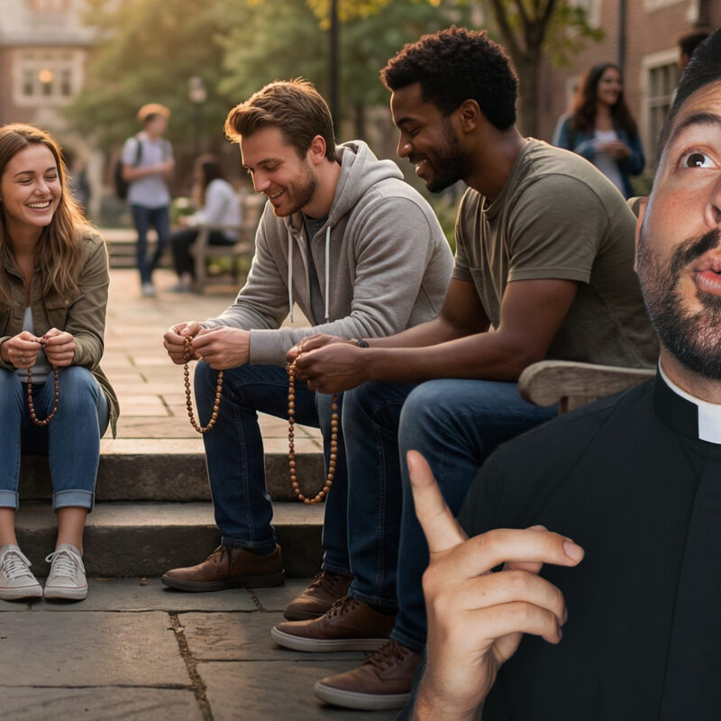 Joyful young adults sitting together on sunny campus steps holding rosaries, demonstrating living a faithful attractive life through shared prayer and warm community.