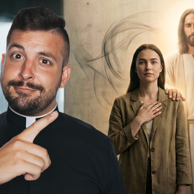 A calm woman with her hand on her heart receives a reassuring touch on the shoulder from Jesus, illustrating the spiritual stance: In the name of Jesus, I reject temptation, as dark abstract shadows swirl harmlessly around them.