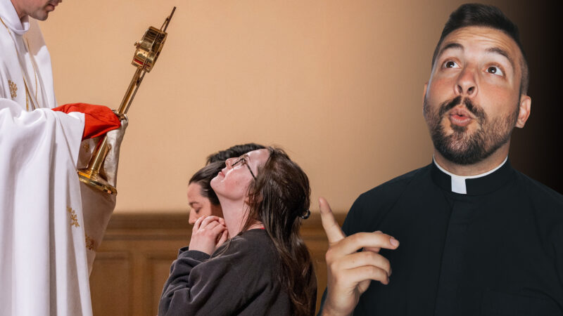 A woman kneels in prayer as the Eucharist is lifted, capturing a quiet moment of being face to face with Jesus, while Fr. Tim points and invites reflection during the Second Sunday of Lent.