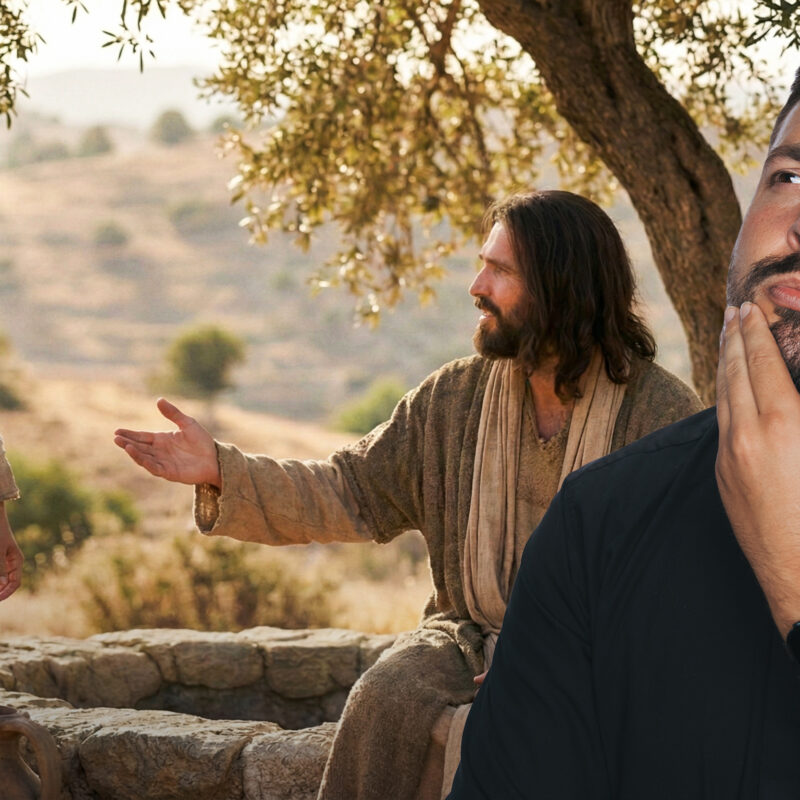 The scene depicts the Woman at the Well from the Gospel of John, filmed in a realistic biblical setting.
