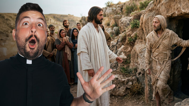 A depiction of the biblical miracle of Jesus raising Lazarus from the dead. The figure of Jesus, with a beard and wearing off-white robes, stands to the left, gesturing towards a man emerging from a dark cave tomb entrance. The man, Lazarus, is wrapped from head to toe in burial linens and bandages, stepping out onto rocky ground with assistance. A crowd of followers and family members, in historical attire, witnesses the resurrection on an arid hillside, with one woman visibly weeping.