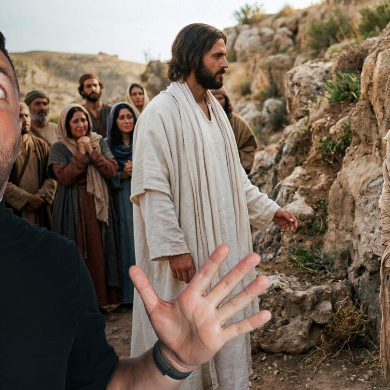 A depiction of the biblical miracle of Jesus raising Lazarus from the dead. The figure of Jesus, with a beard and wearing off-white robes, stands to the left, gesturing towards a man emerging from a dark cave tomb entrance. The man, Lazarus, is wrapped from head to toe in burial linens and bandages, stepping out onto rocky ground with assistance. A crowd of followers and family members, in historical attire, witnesses the resurrection on an arid hillside, with one woman visibly weeping.