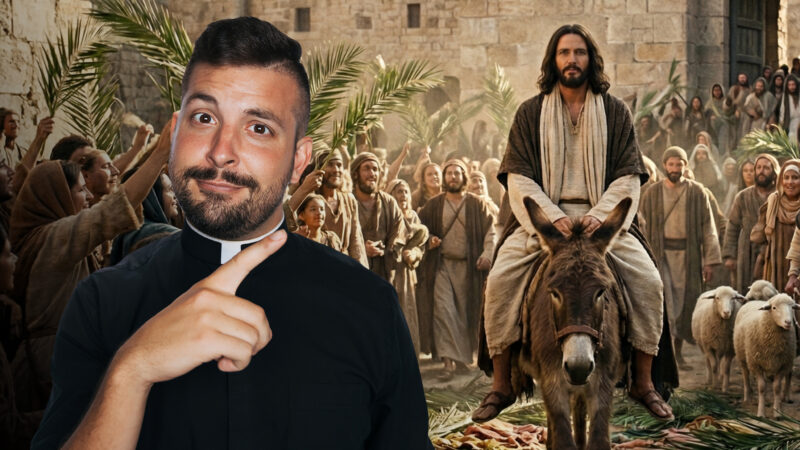 Cinematic, photorealistic film still of Jesus Christ riding a donkey through the ancient gates of Jerusalem on Palm Sunday. He is surrounded by a crowd waving palm branches and laying garments on the dusty road, capturing the solemn and humble arrival often reflected upon in Reel Homilies.