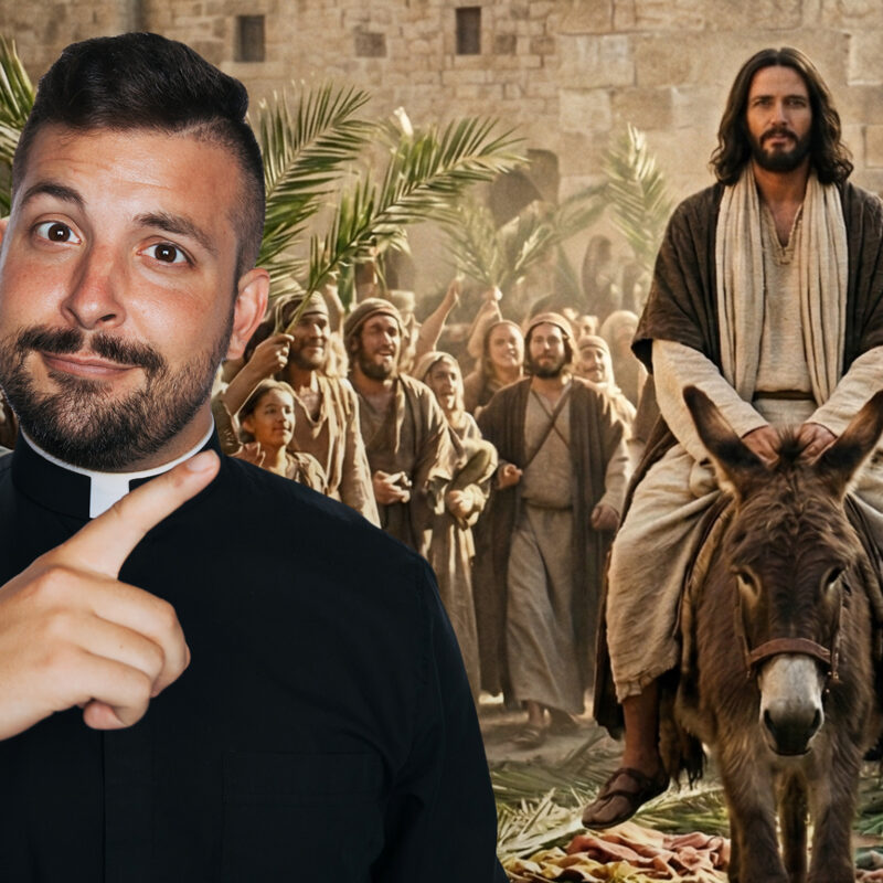 Cinematic, photorealistic film still of Jesus Christ riding a donkey through the ancient gates of Jerusalem on Palm Sunday. He is surrounded by a crowd waving palm branches and laying garments on the dusty road, capturing the solemn and humble arrival often reflected upon in Reel Homilies.