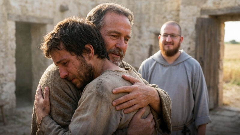A detailed, emotional close-up photograph of a compassionate father embracing his weeping, disheveled prodigal son in a rustic stone courtyard. This poignant depiction of reconciliation powerfully illustrates the parable's theme of unfading mercy. The older father has a tender expression, while the young prodigal son, in a tattered tunic, is lost in the emotion of the moment. In the background, a smiling Franciscan friar in a grey habit with glasses observes the reunion.