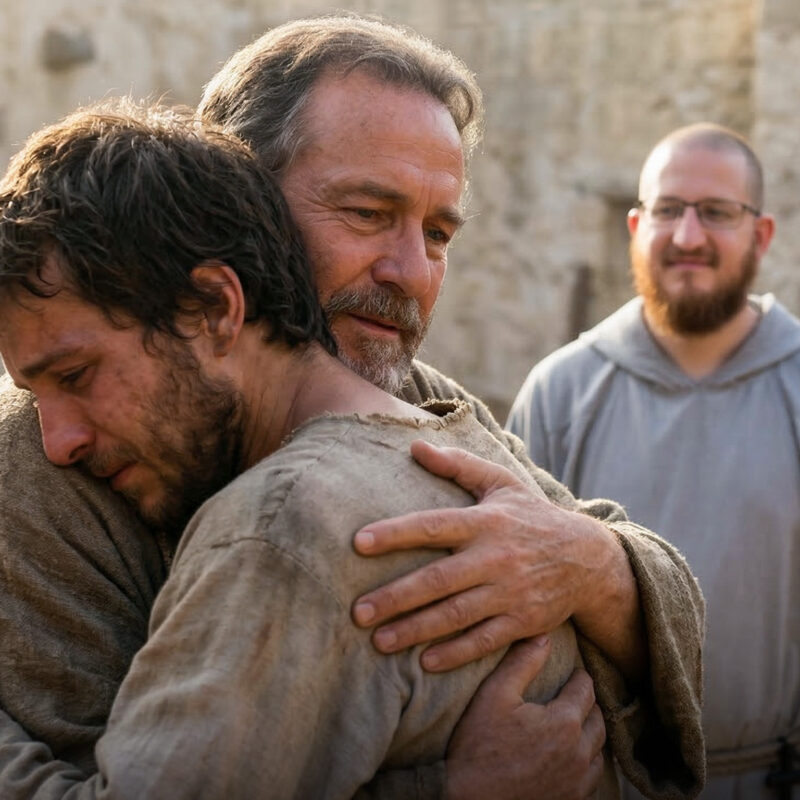 A detailed, emotional close-up photograph of a compassionate father embracing his weeping, disheveled prodigal son in a rustic stone courtyard. This poignant depiction of reconciliation powerfully illustrates the parable's theme of unfading mercy. The older father has a tender expression, while the young prodigal son, in a tattered tunic, is lost in the emotion of the moment. In the background, a smiling Franciscan friar in a grey habit with glasses observes the reunion.