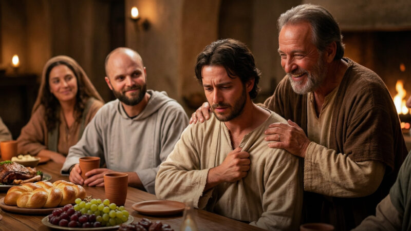 Cinematic live-action still of the Prodigal Son's return. At a wooden banquet table filled with food, a forgiving Father joyfully comforts his hesitant, newly restored son. Fr. Innocent sits in the background, smiling gently as a peaceful witness to this display of mercy.