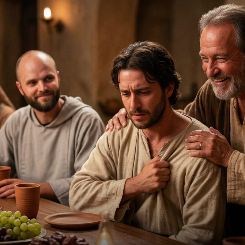 Cinematic live-action still of the Prodigal Son's return. At a wooden banquet table filled with food, a forgiving Father joyfully comforts his hesitant, newly restored son. Fr. Innocent sits in the background, smiling gently as a peaceful witness to this display of mercy.