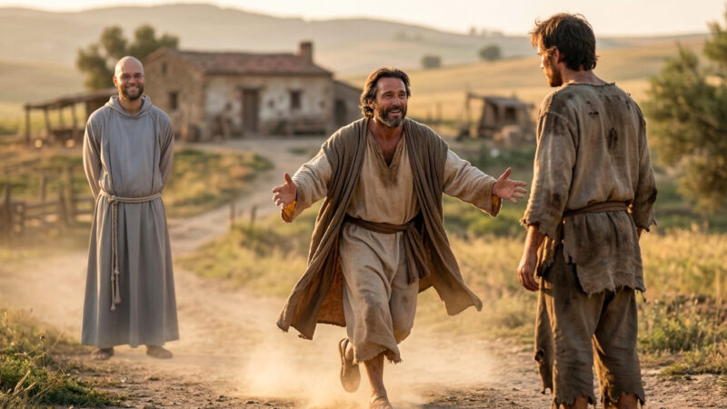 The father running to embrace the returning prodigal son on a dusty road, while friar Fr. Angelus joyfully witnesses the scene in the background, an inspiring visual for Lent 2026.