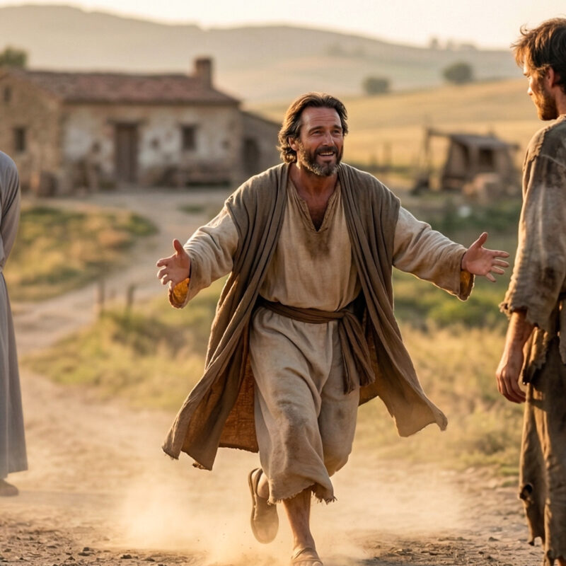 The father running to embrace the returning prodigal son on a dusty road, while friar Fr. Angelus joyfully witnesses the scene in the background, an inspiring visual for Lent 2026.