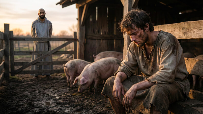 A cinematic illustration of the prodigal son sitting exhausted in a muddy pigsty, reflecting on the necessary consequence of sin, while a friar watches compassionately from afar. Another episode created for Lent 2026.