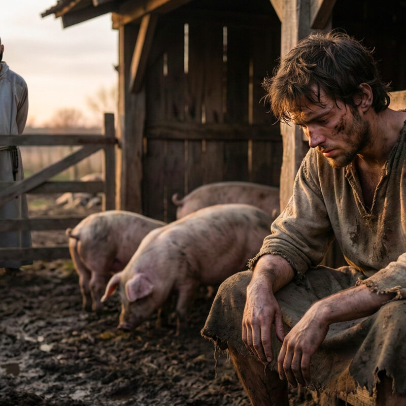 A cinematic illustration of the prodigal son sitting exhausted in a muddy pigsty, reflecting on the necessary consequence of sin, while a friar watches compassionately from afar. Another episode created for Lent 2026.